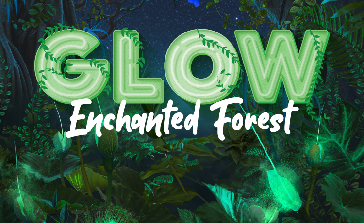 Glow in green neon light text with a forest background.