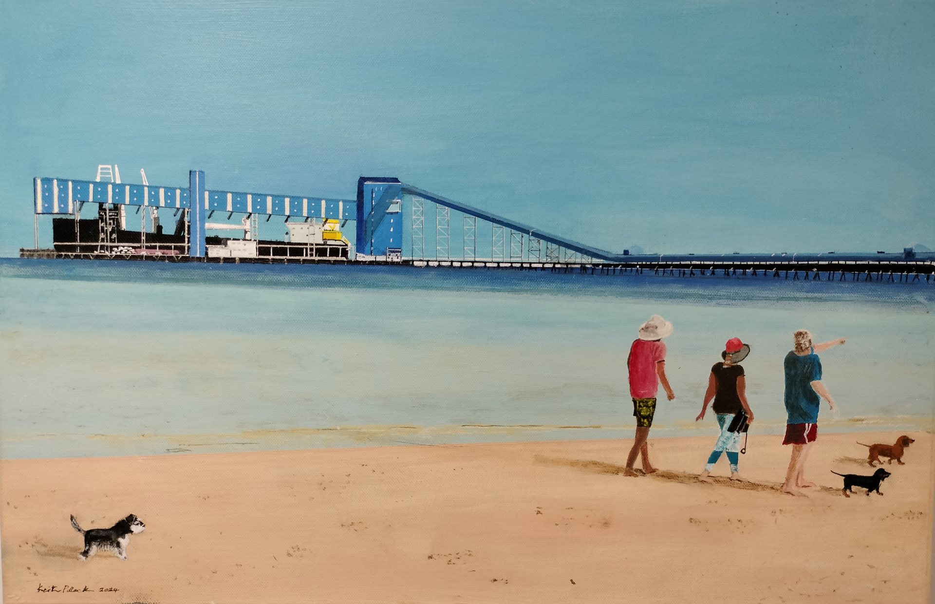 Keith Pollock's painting of a family walking with three dogs at Rockingham Foreshore.
