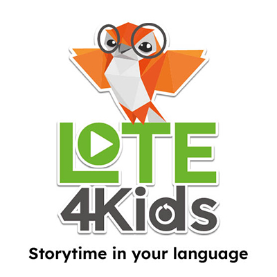 Orange owl standing on top of LOTE4Kids logo