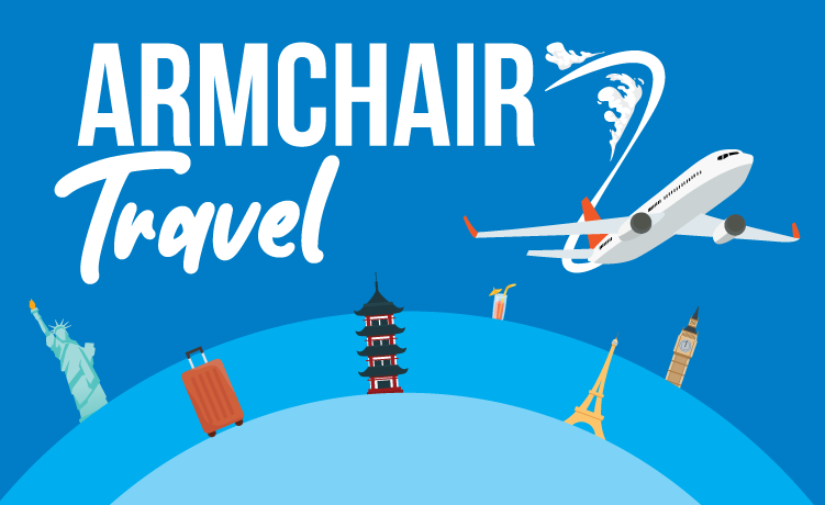 Plane travelling the globe with the text Armchair Travel.