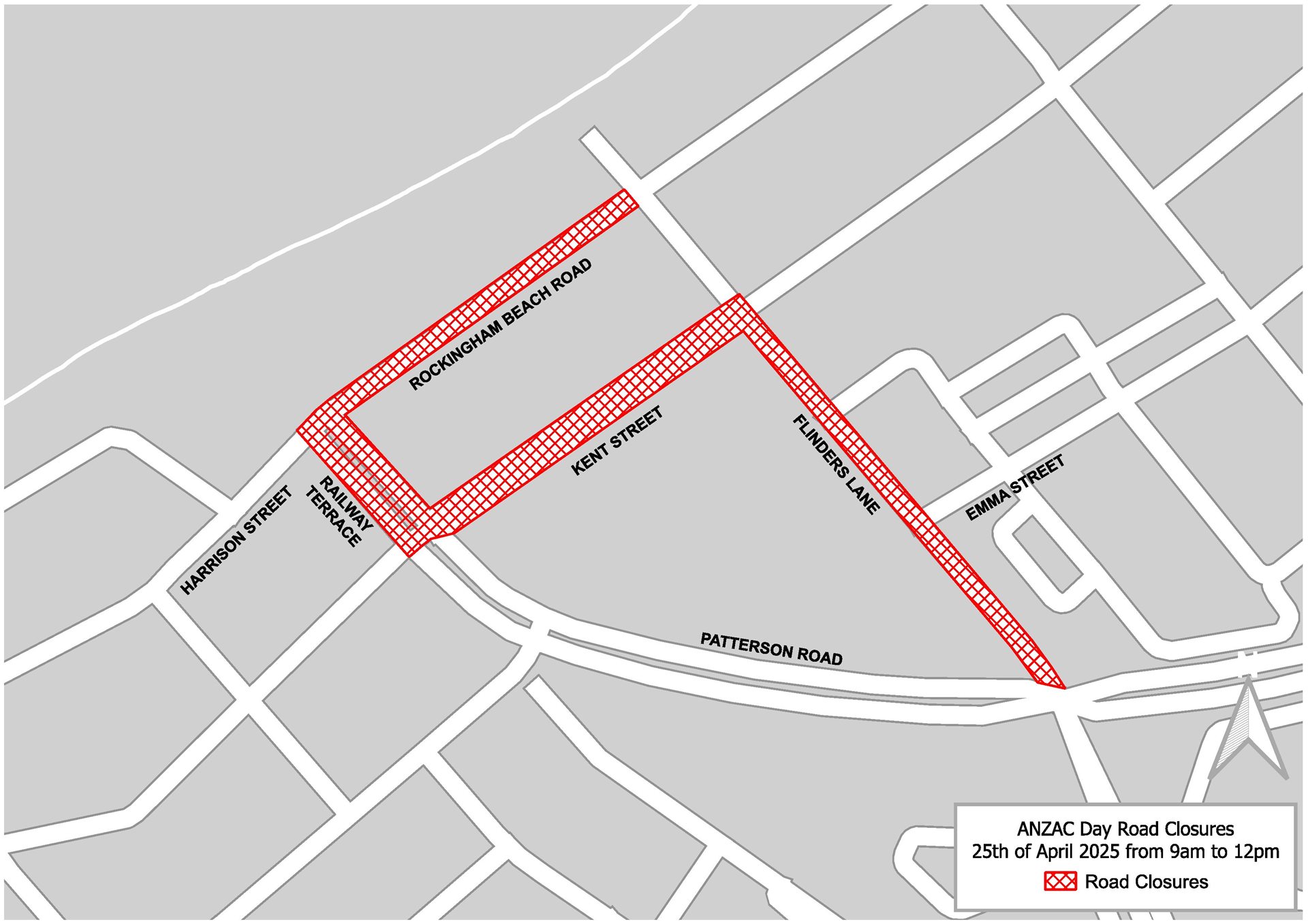 A graphic map depicting the road closures in place for parts of Flinders Lane, Kent Street, Railway Terrace and Rockingham Beach Road.