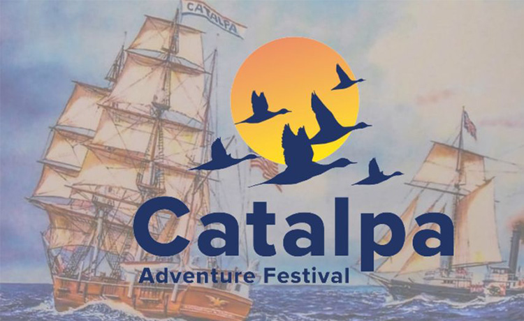 Sketch of historic sailing ships on the water with the text Catalpa Adventure Festival.