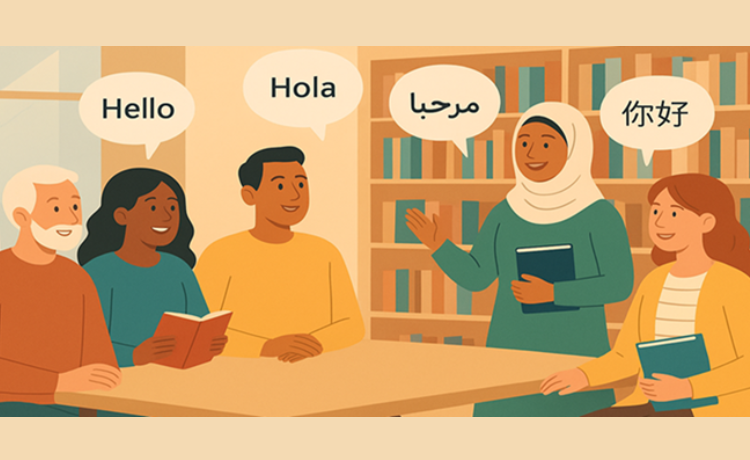 people sitting together with speech bubbles showing different languages