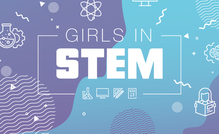 Purple and blue background with the words 'girls in stem'