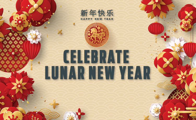 A red and gold horse, lanterns hanging down the right and left side with the words 'Celebrate Lunar New Year'