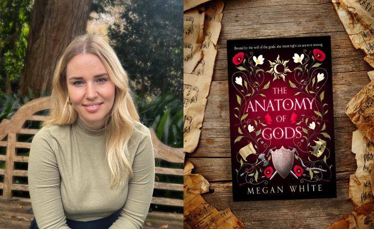 author Megan White alongside a copy of her book The Anatomy of Gods with sheet music behind