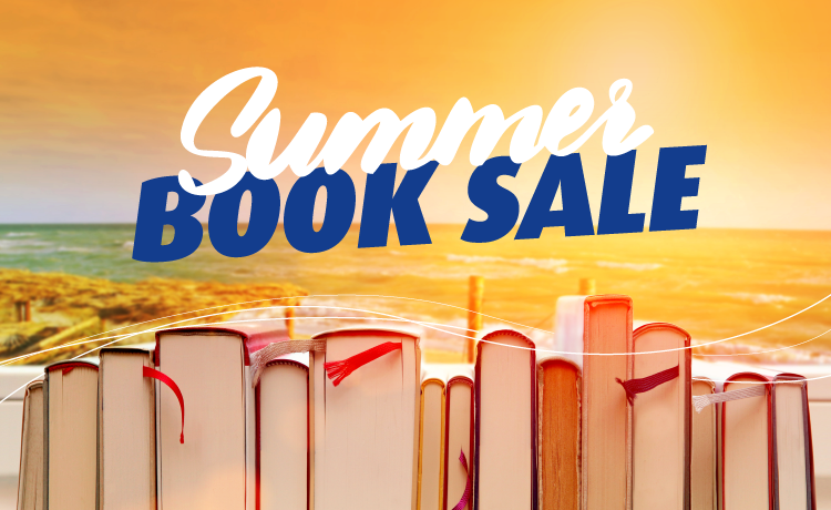 the words Summer Book sale against a warm sun with a row of books
