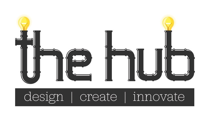 logo for the hub in black writing with a lightbulb above the letters t and b