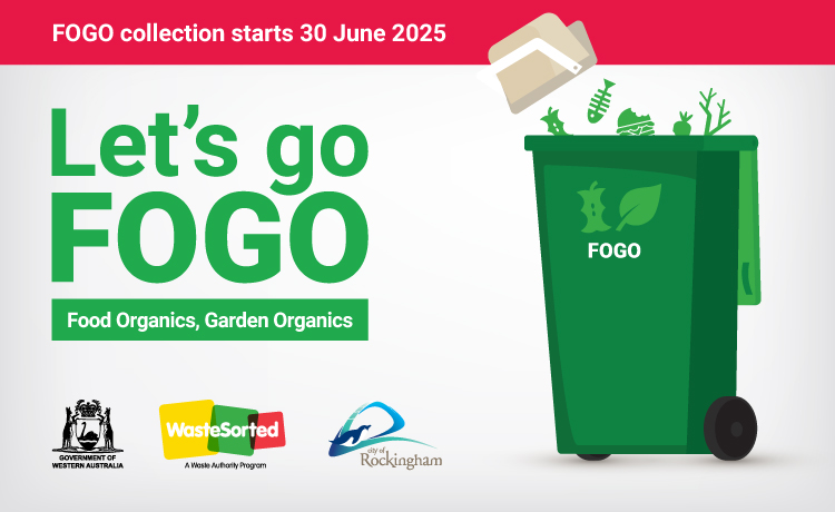 Cartoon of food scraps being poured into a green waste bin from a smaller rubbish caddy, with the text 'FOGO collection starts 20 June 2025. Let's go FOGO. Garden Organics, Food Organics.'