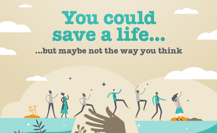 cartoonised people jumping across a cliff edge with a hand in the centre helping people over