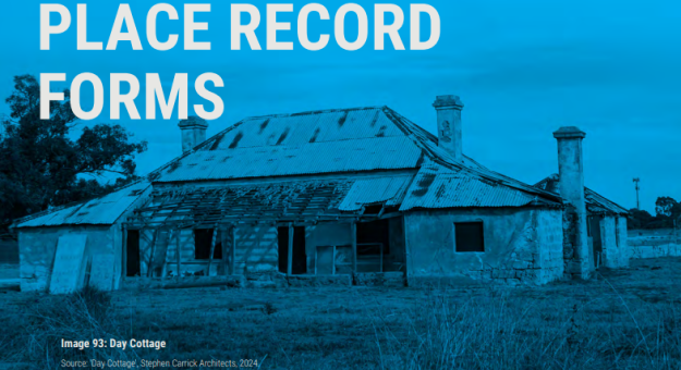 blue veil over heritage building with text overlay of 'place record forms'