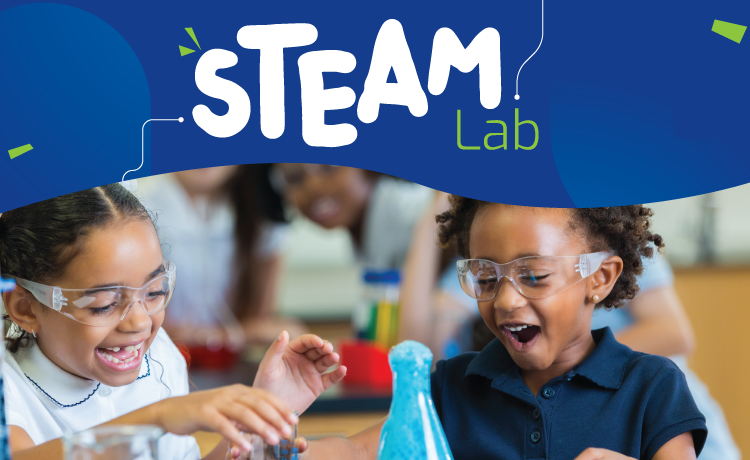 STEAM Lab - image of two laughing children while doing an experiment.