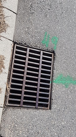Rectangle grated stormwater pit installed in asphalt pavement near a kerb, with green survey markings visible on the road surface.