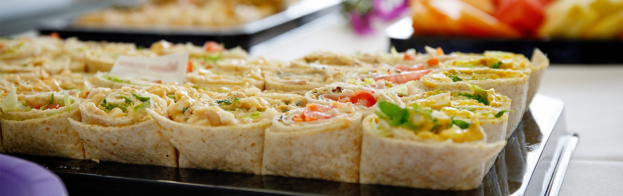 Catering platter of sandwiches.