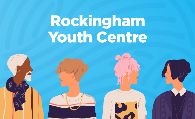 Rockingham Youth Centre logo and cartoon people on blue background.