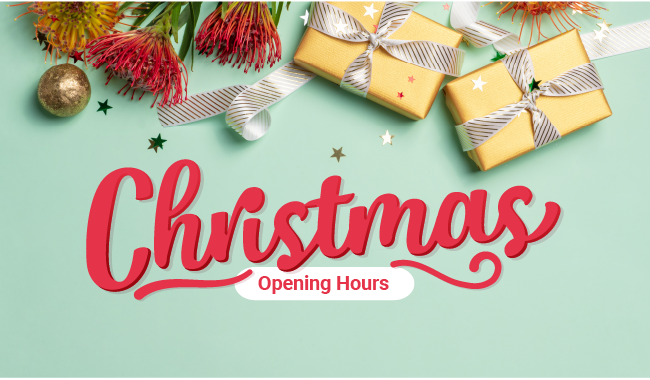 Christmas Opening Hours text on Christmas-themed background.