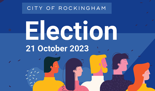 Local Government Elections text on a blue background with graphic of community members.