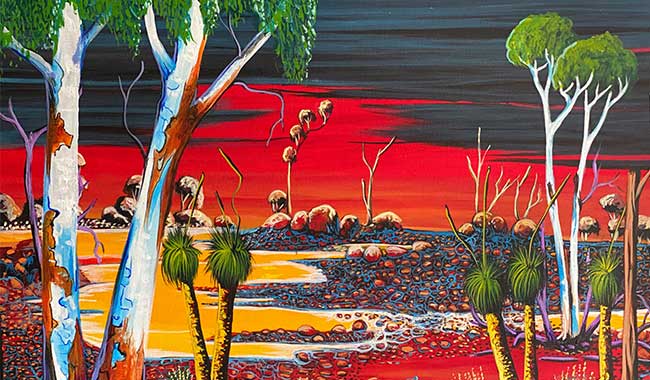 Landscape painting of remote bushland setting.