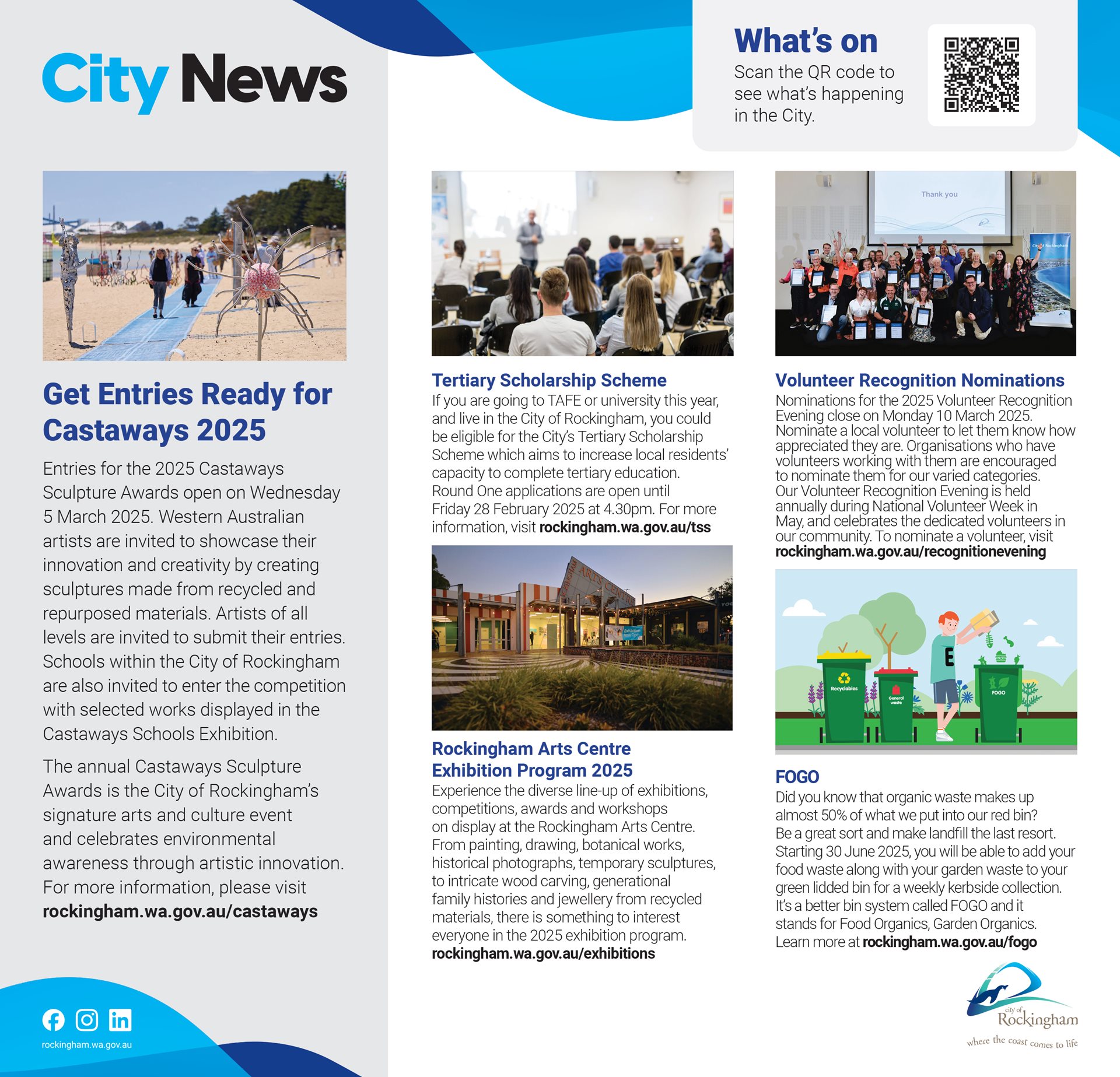 Newspaper City News column with five stories: Castaways Entries Open, Nominate for Volunteer Recognition Evening, Rockingham Arts Centre 2025 Events, Get Ready to FOGO, Apply for Tertiary Scholarship Scheme.