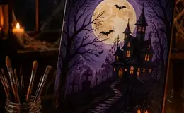 a painting of a castle and a full moon