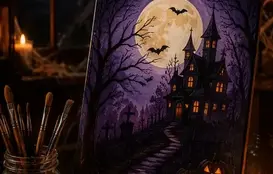 a painting of a castle and a full moon