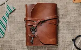 a leather bound book with a key on it