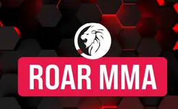 Red and black honeycombe patterned background with a lion in a cricle and ROAR MMA in white with a red box background