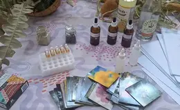 a table with bottles and cards