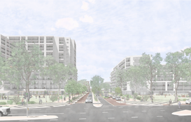 a street with trees and buildings