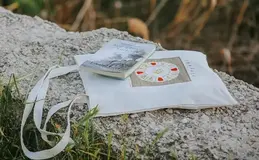 a book and bag on a rock