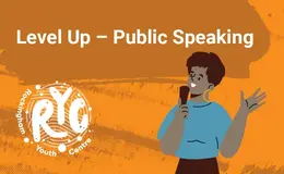 Female holding a microphone with an orange background