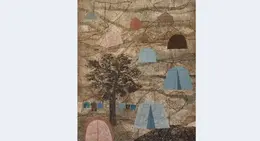 a painting of tents and a tree