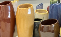 Colourful glazed ceramic vases.
