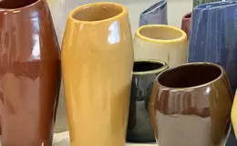 Colourful glazed ceramic vases.