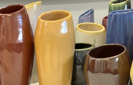 Colourful glazed ceramic vases.