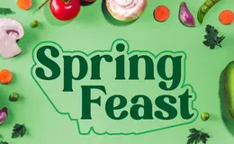 The words Spring Feast on a green background with fresh fruit and vegetables framing it. 