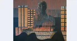 a painting of a man in a city