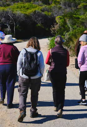 a group of people walking on a dirt road