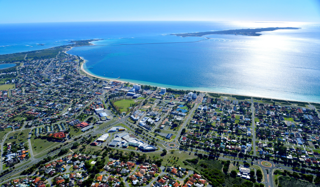 Ariel view of the City of Rockingham with ocean in the background