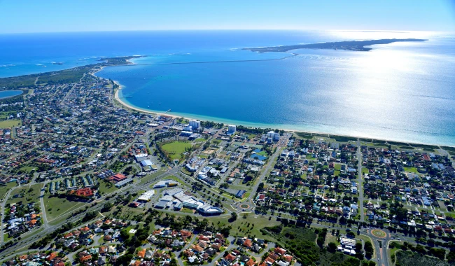 Ariel view of the City of Rockingham with ocean in the background