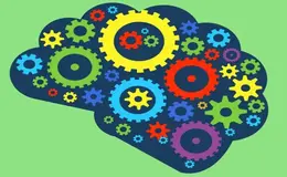 a colorful gears in a cloud shape