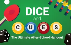 Table tennis, dice and foosball image on a green background. Pool ball style text for cues.