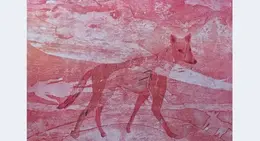 a red and white painting of a fox