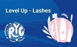 Mascara, lashes, and leaves in white and pink on a blue background