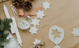 a white stars and pine cones on a brown surface