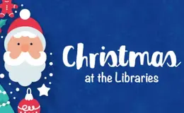 a blue background with a white text and a cartoon santa claus