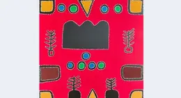 a red square with black and yellow dots and black shapes