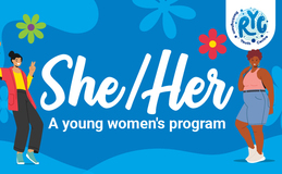 a blue background with white text and flowers