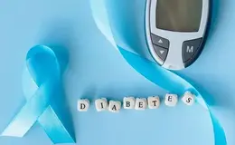 a diabetes awareness ribbon and a glucometer