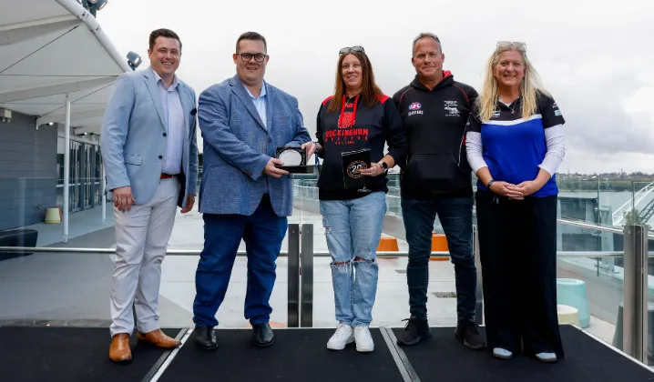 Deputy Mayor Robert Schmidt with representatives from WA Football, Rockingham Districts AFL Masters Football Club and Safety Bay Stingers Football Club